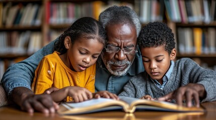 Joyful time with family in library, afro american family reading book