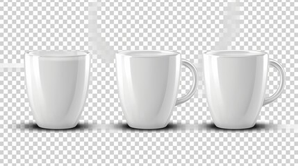 Set of realistic white coffee mugs isolated on transparent background. Vector templates for Mock Up. Vector illustration - obrazy, fototapety, plakaty