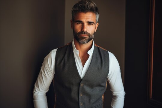 Handsome bearded man in shirt and vest posing in room.