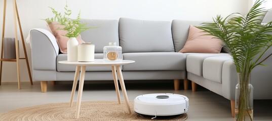 Automated cleaning with smart home robot vacuum cleaner in modern white living room interior.