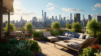 A rooftop garden with modern planters, sleek furniture, and breathtaking city views. The design...