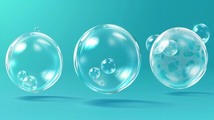 Vector 3d soap transparent bubble stages of the explosion. Water spheres, realistic balls, soapy balloons, soapsuds. Glossy foam aqua, realistic bright abstract illustration