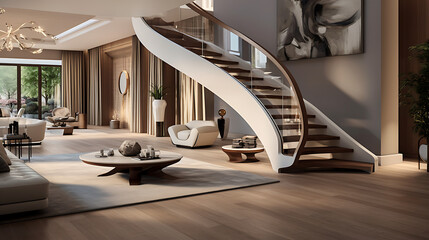  A sculptural staircase with curved steps and a metal handrail, creating a sense of elegance and modernity. The design serves as a focal point in a spacious and contemporary living area
