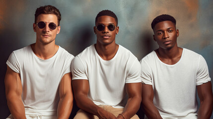 Three sitting cool stylish handsome muscular young men of generation Z from different ethnic groups, wearing white T-shirts and sunglasses. Principle of inclusivity, diversity and self-expression.