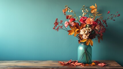 vase with an arrangement of flowers and autumn generative ai - obrazy, fototapety, plakaty