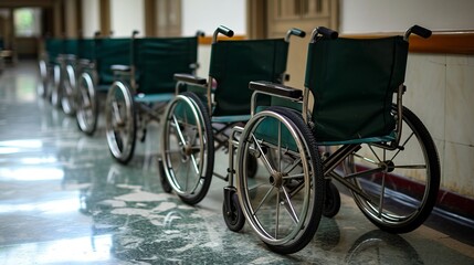 Fototapeta premium Deserted wheelchairs neatly arranged along the hospital corridor, creating an eerie atmosphere
