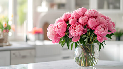 a bouquet of pink peonies in a transparent vase in the white kitchen	