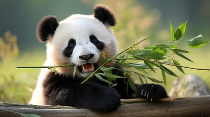 Adorable panda bear happily chewing on fresh green bamboo in its natural habitat