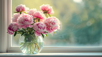 a bouquet of peonies in a transparent vase on the windowsill