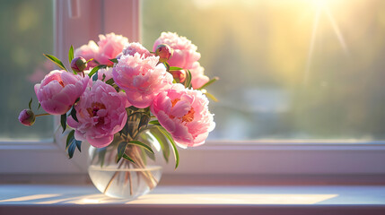 a bouquet of peonies in a transparent vase on the windowsill