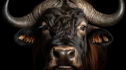  Majestic african buffalo symbolizing strength, in captivating portrait against black background © Eva