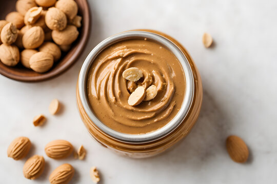 close up of peanut - almond butter jar top view on a marble