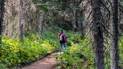Obraz premium Woman Hiking around Swiftcurrent Lake in Many Glacier Region of Glacier National Park