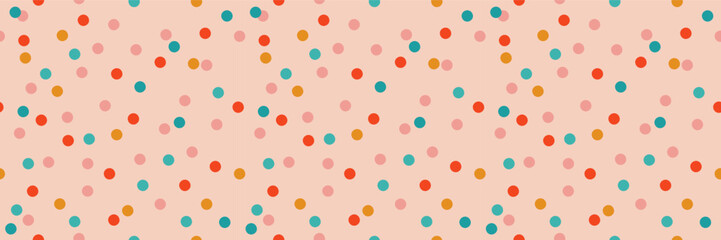 Retro groovy Christmas festive winter holidays seamless pattern digital paper background for wrapping paper, stationery, fabric, and wallpaper. Holiday wallpaper with confetti. Vector illustration