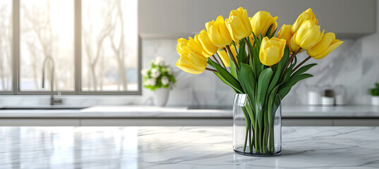 banner of bouquet of yellow tulips in transporent vase