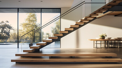  A sleek and modern staircase with open risers and a glass railing, allowing unobstructed views of...