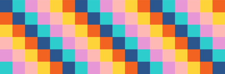 Groovy checkered seamless pattern, vintage aesthetic background, psychedelic checkerboard texture. Funky hippie fashion textile print, retro background with distorted grid tile vector pattern set