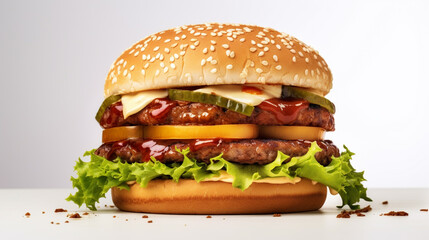 Fast food. Delicious hamburger. Chips. Fresh tasty burger with fries. - obrazy, fototapety, plakaty
