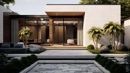 A sleek modern house exterior with clean lines, large windows, and a minimalist garden. The...