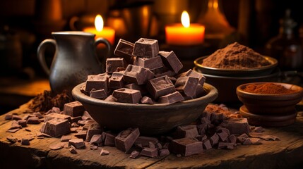 Scattered dark chocolate pieces and whole cocoa beans on culinary background