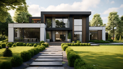 A sleek modern house exterior with clean lines, large windows, and a minimalist garden. The...