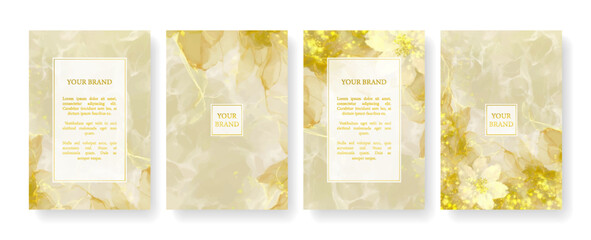 Floral cover, frame design set with gold leaves on light background. Luxury premium background pattern for menu, elite summer sale, luxe invite template, ​formal invitation, luxury voucher