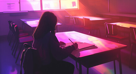 student taking notes in a classroom - obrazy, fototapety, plakaty