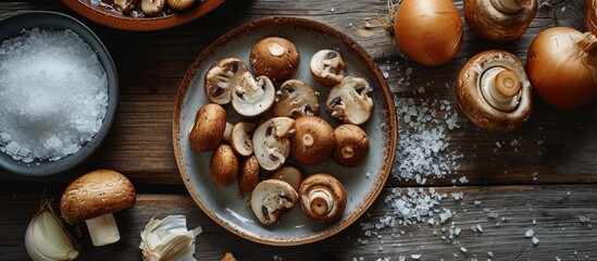 Onions and mushrooms on a plate with salted white milk - obrazy, fototapety, plakaty