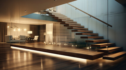 A striking cantilevered staircase featuring floating wooden steps and a glass balustrade. The...