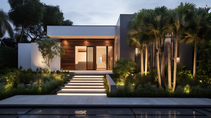  A stylish entrance to a modern house with a well-manicured garden, clean lines, and a unique architectural design. The outdoor space sets the tone for the modern aesthetic carried throughout the enti - obrazy, fototapety, plakaty