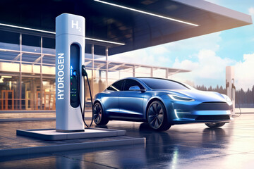 Blue sedan utilizing a eco friendly hydrogen fuel station during dusk. Emission free, zero, emission sustainable transport - obrazy, fototapety, plakaty