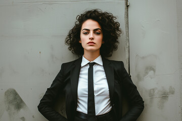 woman in a suit and tie standing in front