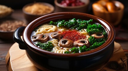 Delicious udon noodles with baby bok choy and shiitake mushrooms in asian vegetarian cuisine - obrazy, fototapety, plakaty