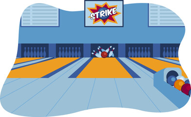 Bowling alley interior with strike on lane, colorful bowling balls, pins down. Indoor recreational sport, bowling strike celebration vector illustration.