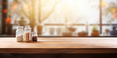 Product display on blurred kitchen window background with wooden table.