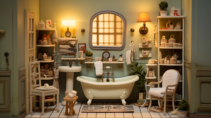 Fototapeta na wymiar : A toy bathroom inside a dollhouse, featuring miniature fixtures, a tiny bathtub, and adorable toiletries. The realistic details create a playful yet authentic environment for imaginative play