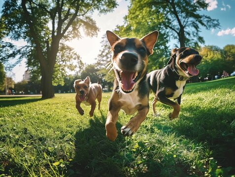 Dogs Dog Happy Playing Running at the Park Sunny Spring Day Wide Angle Action Movement Background Wallpaper Image