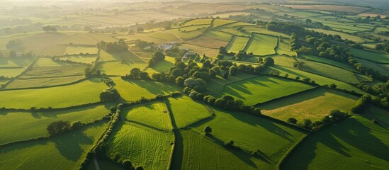Aerial view of Somerset, England's rural landscape.