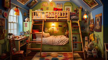 A toy bedroom with bunk beds, colorful bedding, and tiny dressers. The room is designed with creativity and flair, offering a delightful space for make-believe adventures within the miniature world. - obrazy, fototapety, plakaty