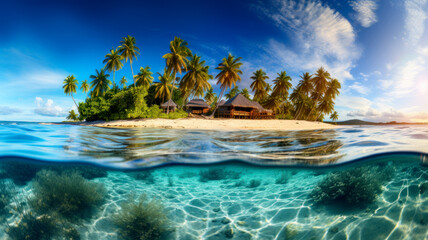 Fototapeta na wymiar Tropical island and clear blue sea, camera is half submerged in water, split photo technique