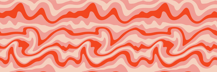 Christmas hippie retro 70s background. Wavy lines wallpaper. Vector red and pink illustration. Merry Christmas and Happy New Year background, textile, wrapping paper, print