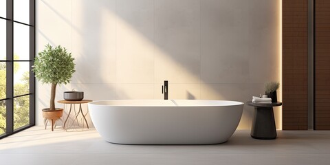 a contemporary bathroom featuring a large bathtub.