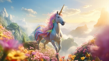 Obraz na płótnie Canvas Pink unicorn in idyllic landscape, kid's dream