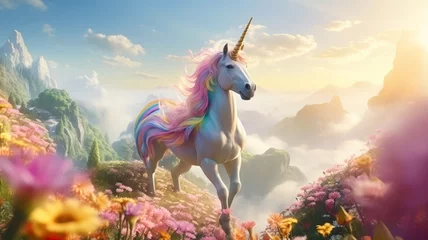 Muurstickers Pink unicorn in idyllic landscape, kid's dream © Kondor83