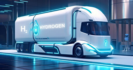 Illuminated hydrogen-powered semi truck at a modern refueling station at dusk, transporting hydrogen. Emission free, zero emission, sustainable transport
