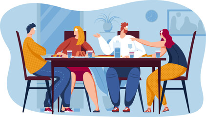 Four adult friends dining together at home. Casual dinner party, two men and two women at table enjoying meal and conversation. Friendship and social gathering vector illustration.