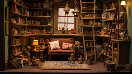 A toy library inside a dollhouse, complete with miniature bookshelves, tiny books, and a cozy reading corner. The scene encourages a love for imaginary learning and exploration