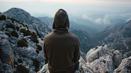 Fototapeta premium A man, dressed in a hooded sweatshirt, stands atop a mountain, observed from the rear, with a nighttime cityscape in the background