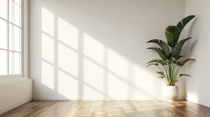 empty white room with a wooden floor and a potted plant generative ai - obrazy, fototapety, plakaty