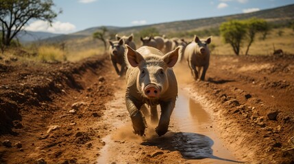 A group of muddy domestic pigs running in a muddy field